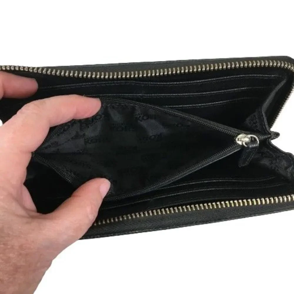 Michael Kors Jet Set Zip Wallet Black Saffiano Leather w/Silver Full Size Long